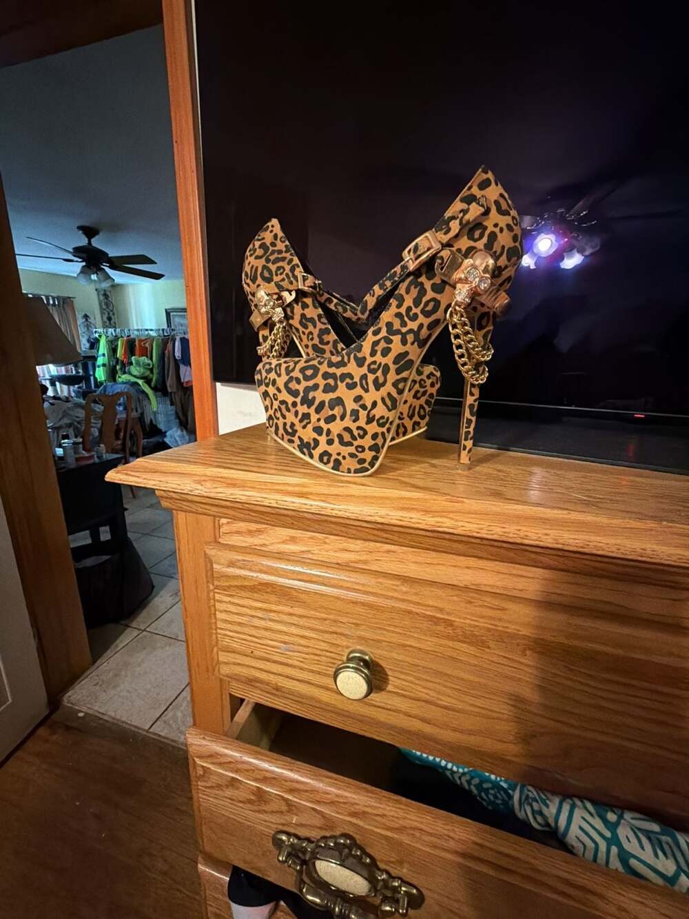 Alba Leopard Print Platform Stiletto Heels with Gold Chain and Skull Detail